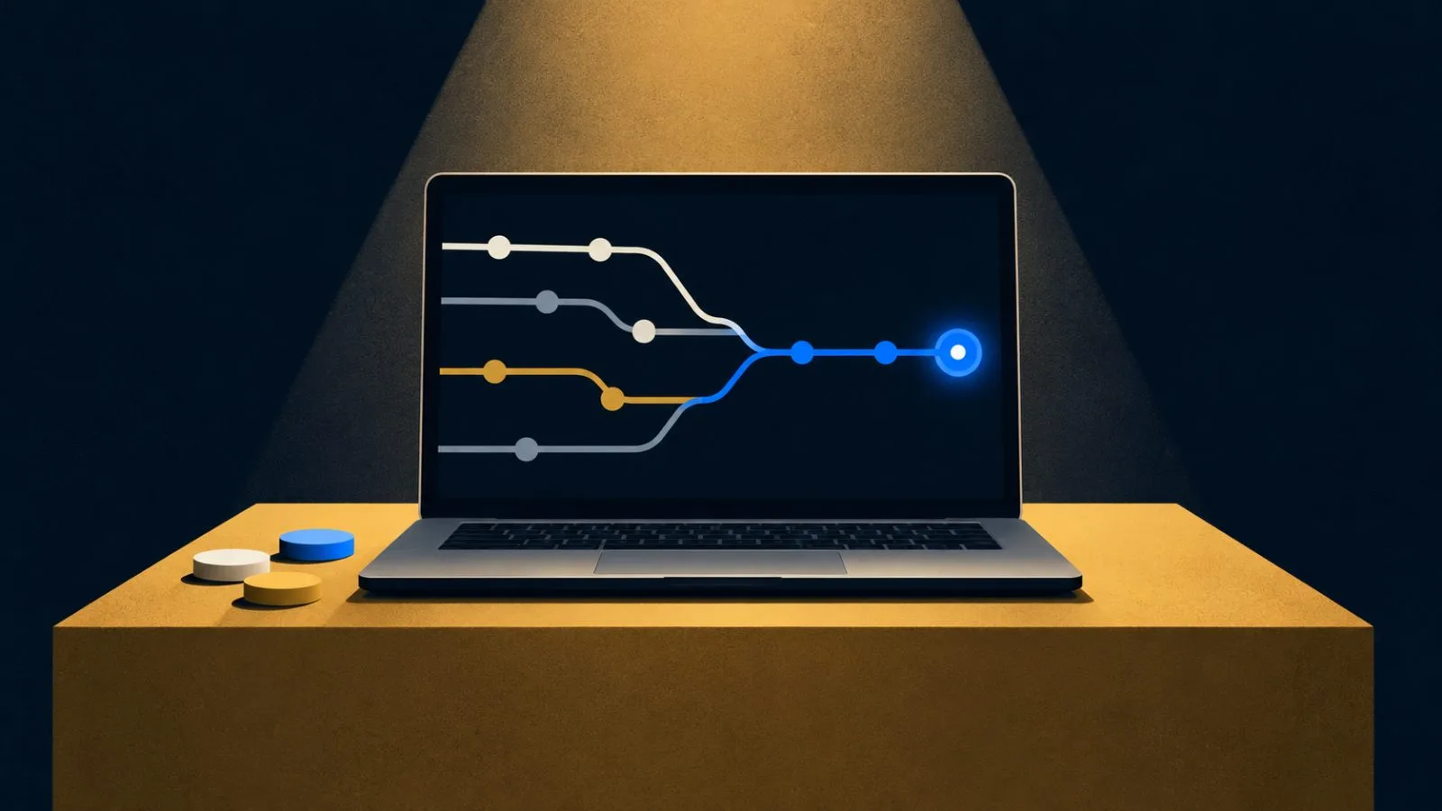An open laptop displays code branches joining into one accepted change / TokenPost.ai