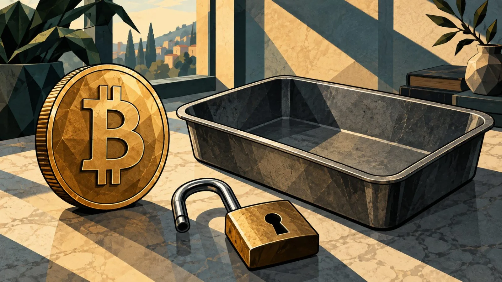 Brass Bitcoin token beside an emptied liquidity pool tray / TokenPost.ai
