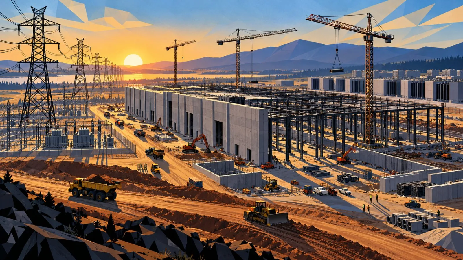 Data center construction site beside high-voltage transmission towers / TokenPost.ai