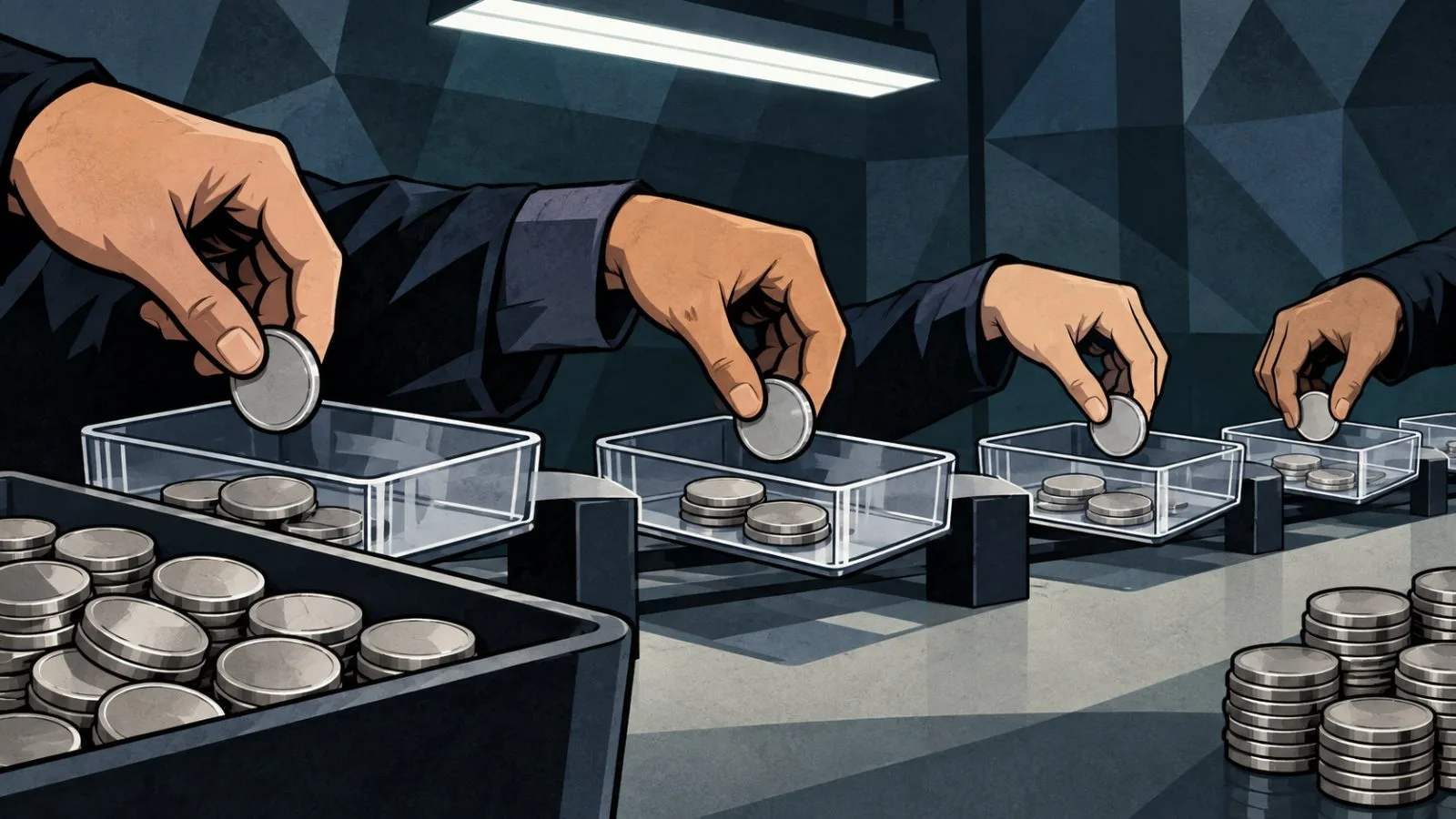 Plain metal tokens arranged across connected transparent trays / TokenPost.ai