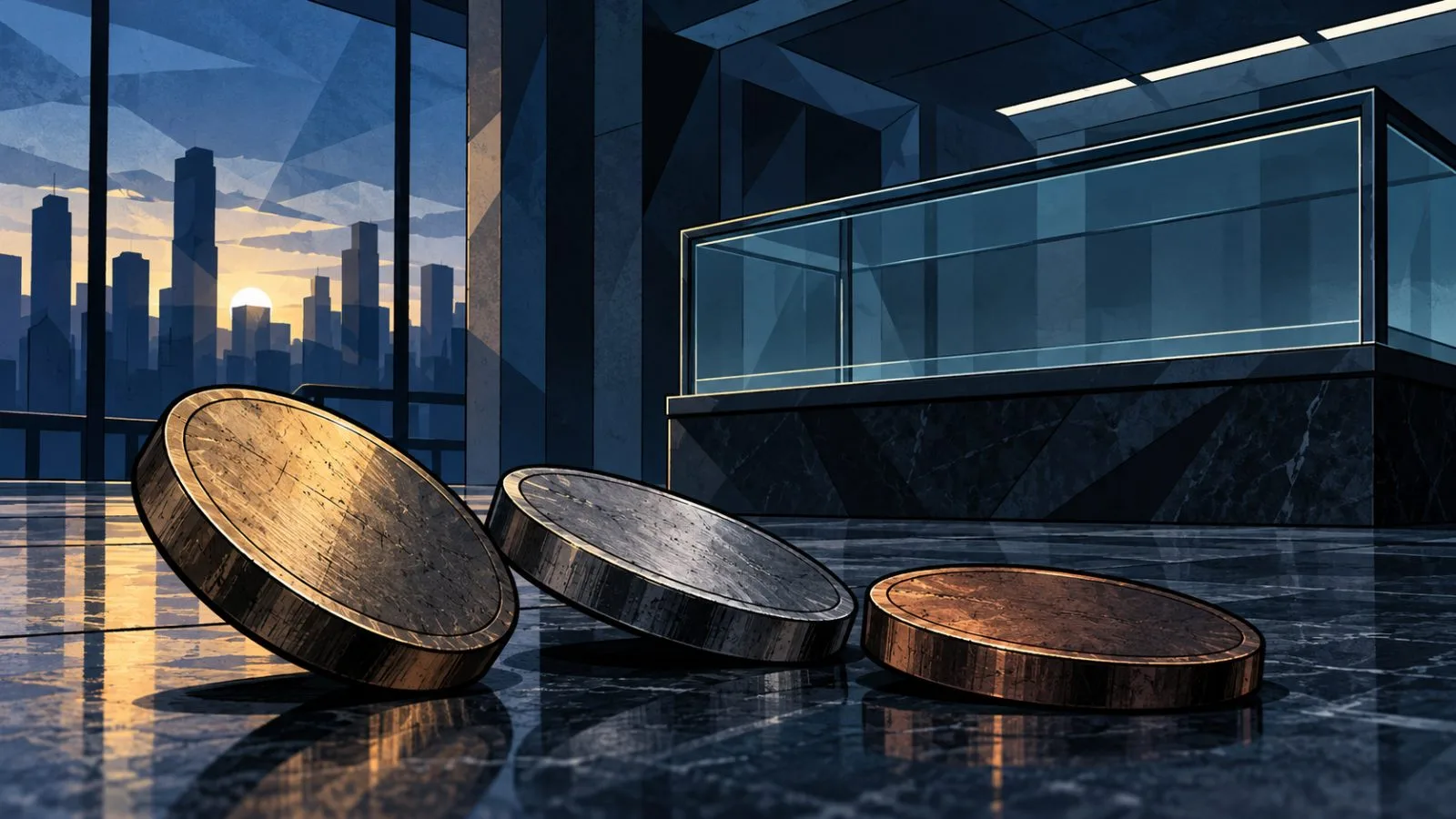 Three metal tokens beside an empty glass trading counter / TokenPost.ai