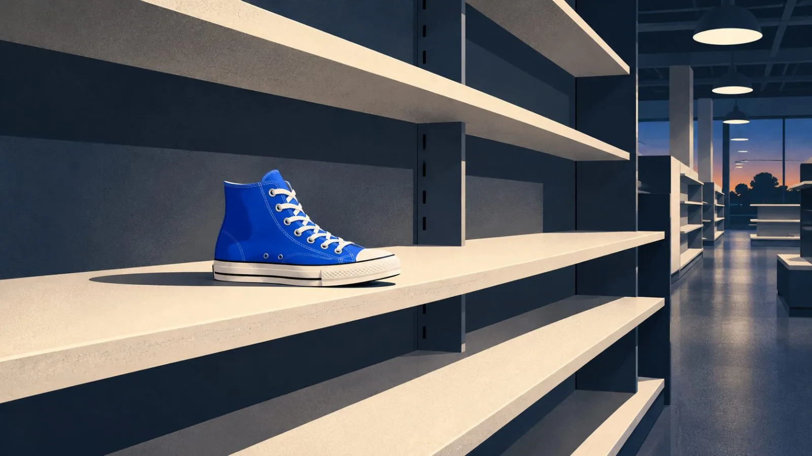 A lone canvas sneaker sits on nearly empty display shelves. / TokenPost.ai