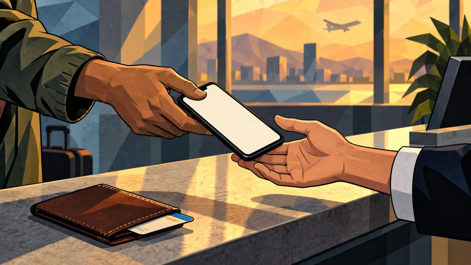 Anonymous hands exchange a smartphone beside a remittance counter / TokenPost.ai