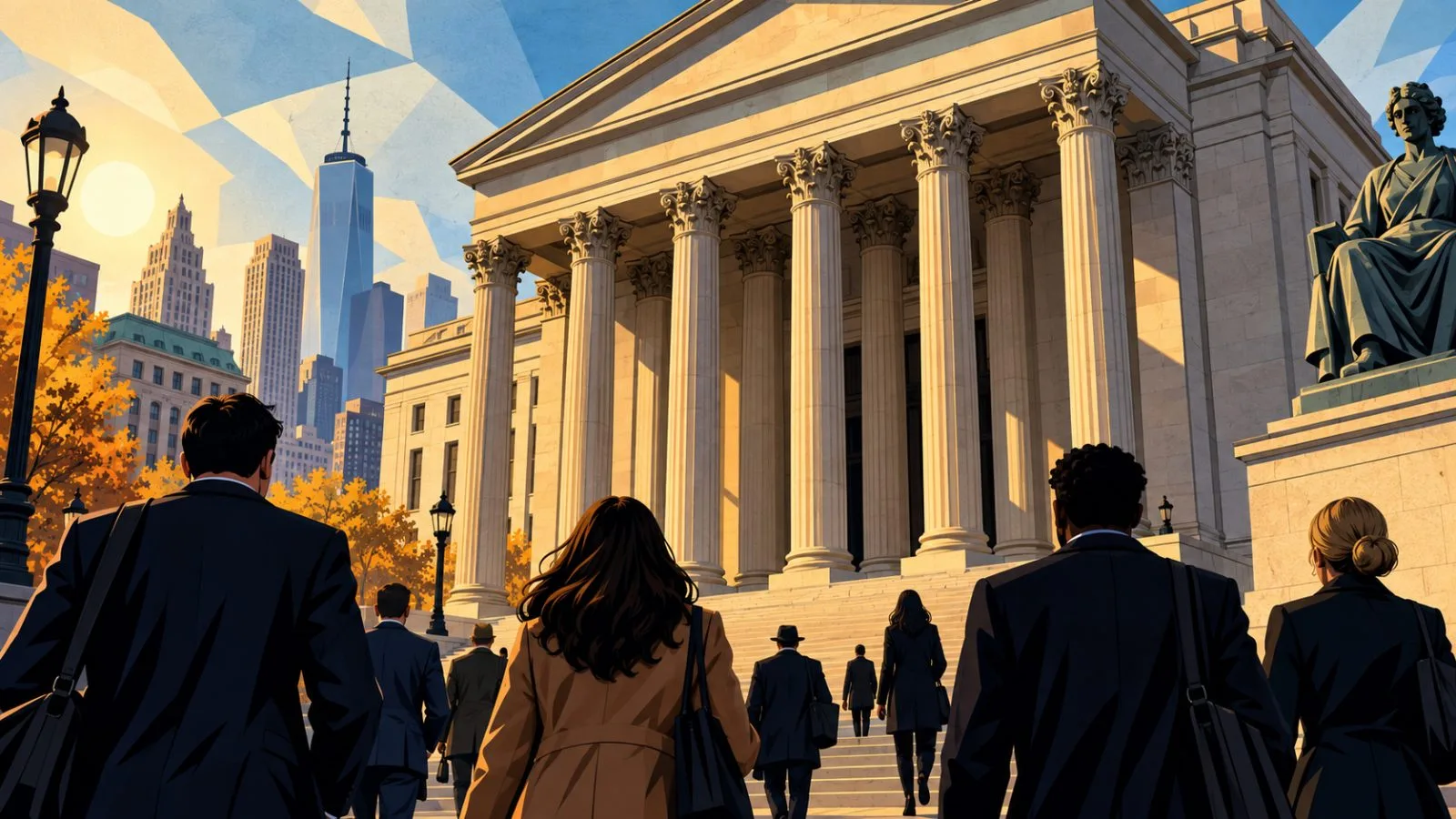 Stone courthouse facade illuminated by late afternoon sunlight / TokenPost.ai