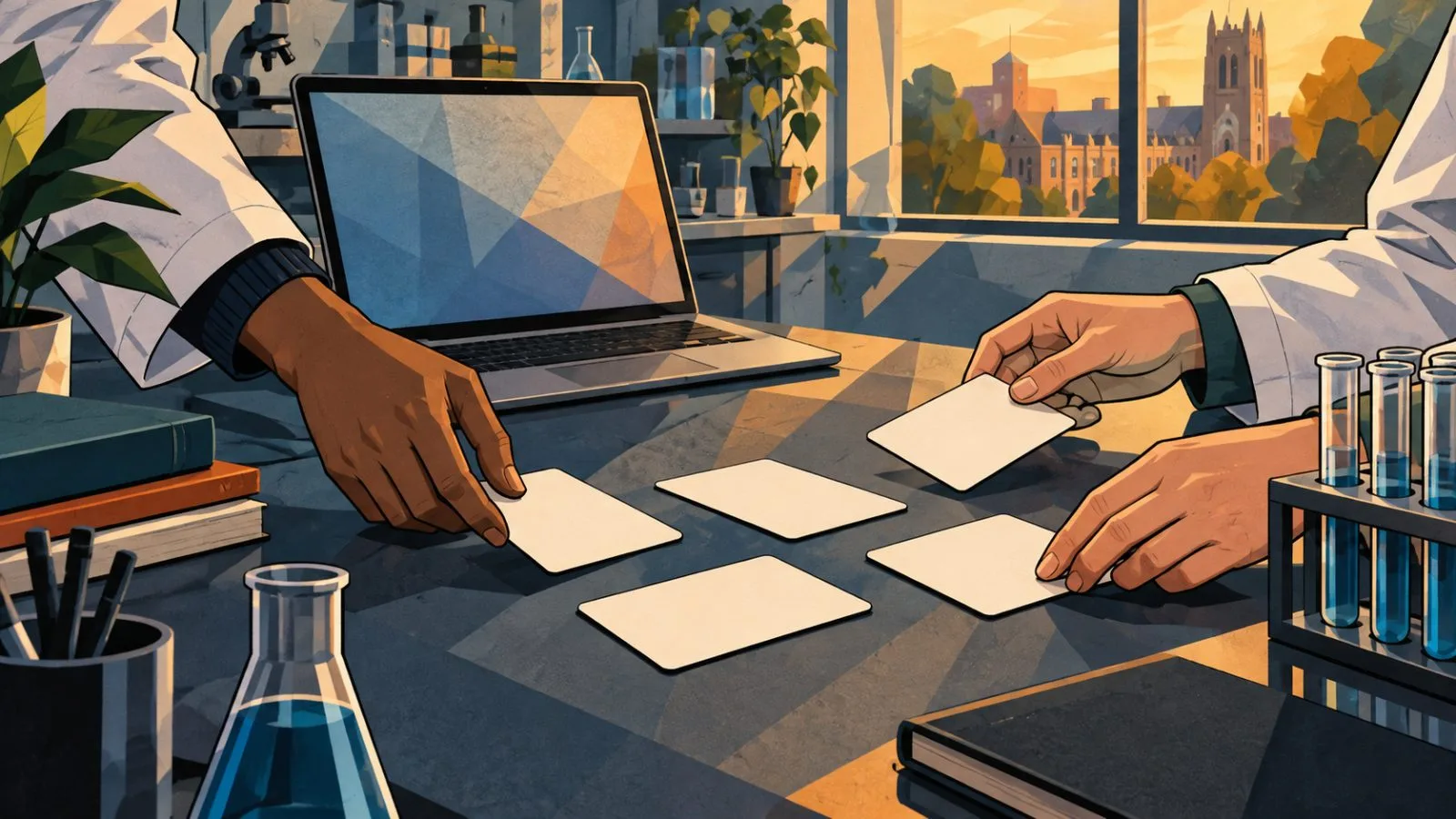 Hands arrange blank conversation cards beside a laptop in a laboratory / TokenPost.ai
