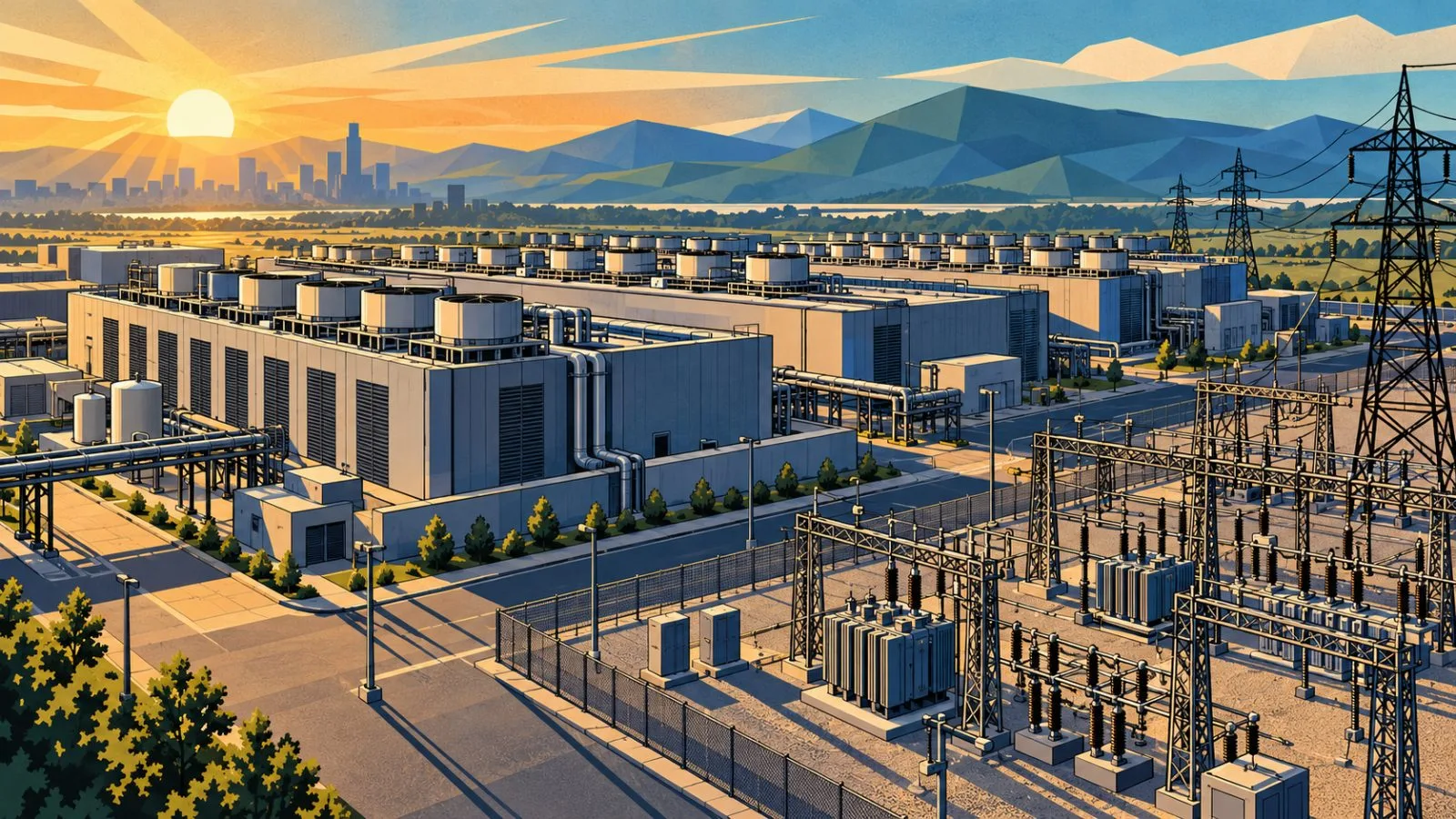 Data center buildings stand beside transmission lines in morning light / TokenPost.ai