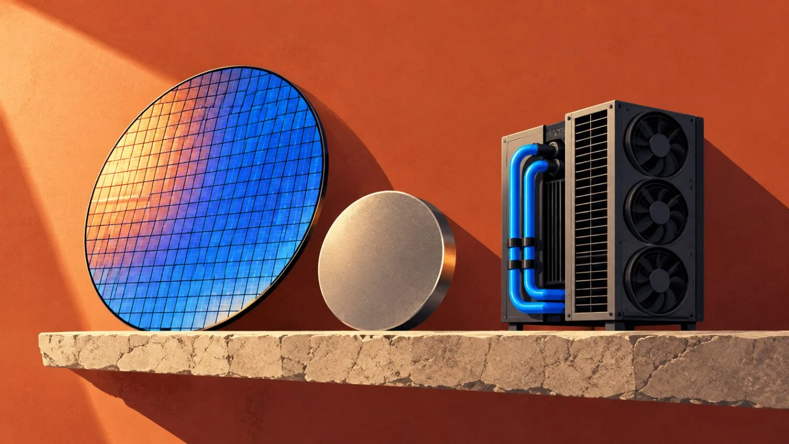 A wafer, metal token and cooling unit rest on stone / TokenPost.ai