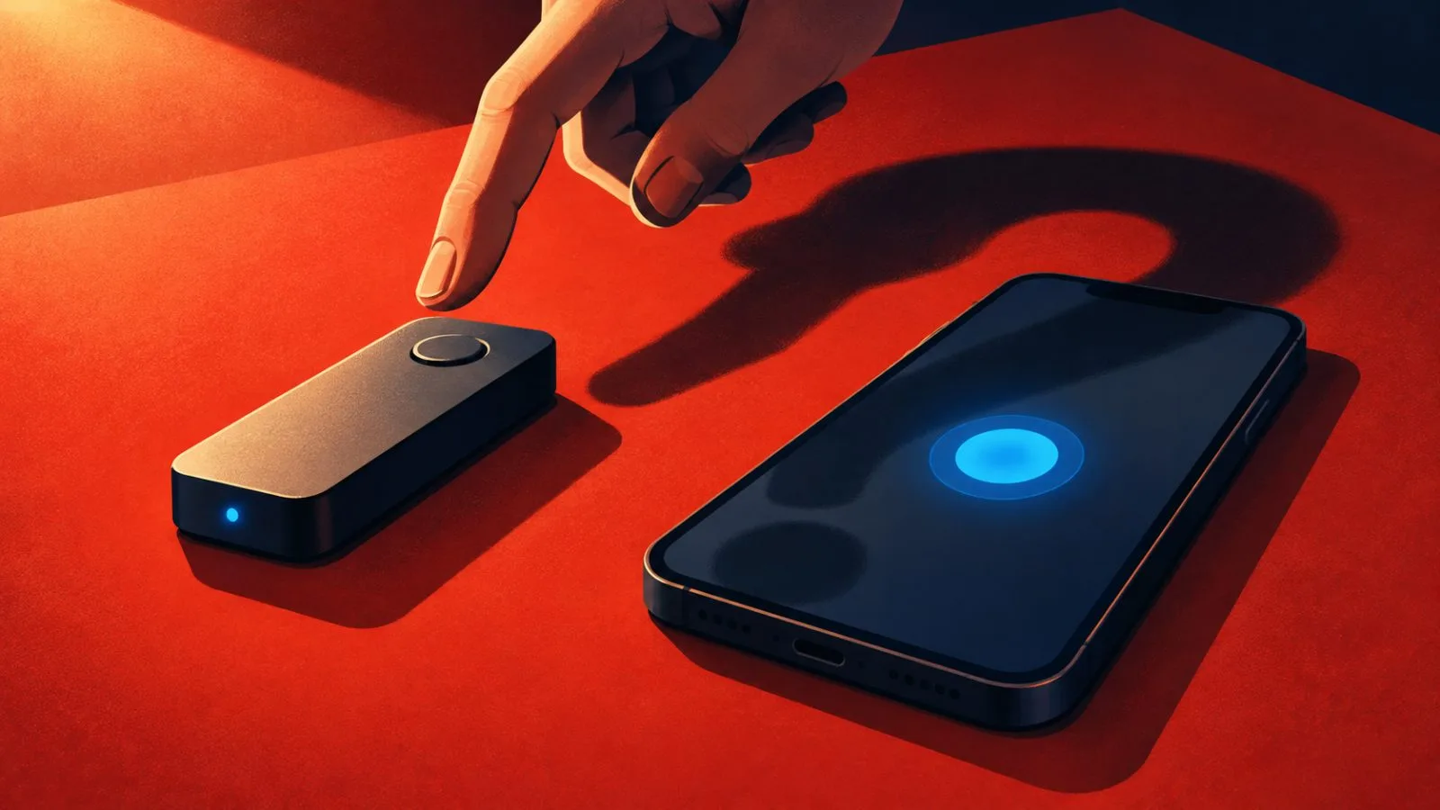 A hand pauses above a hardware wallet beside a phone / TokenPost.ai