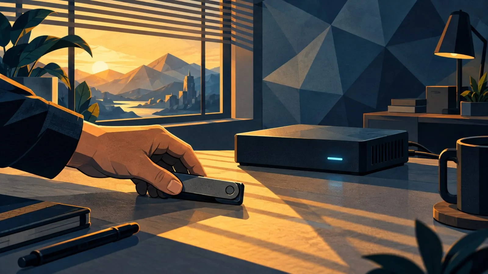 Hand securing a hardware wallet beside a network gateway / TokenPost.ai