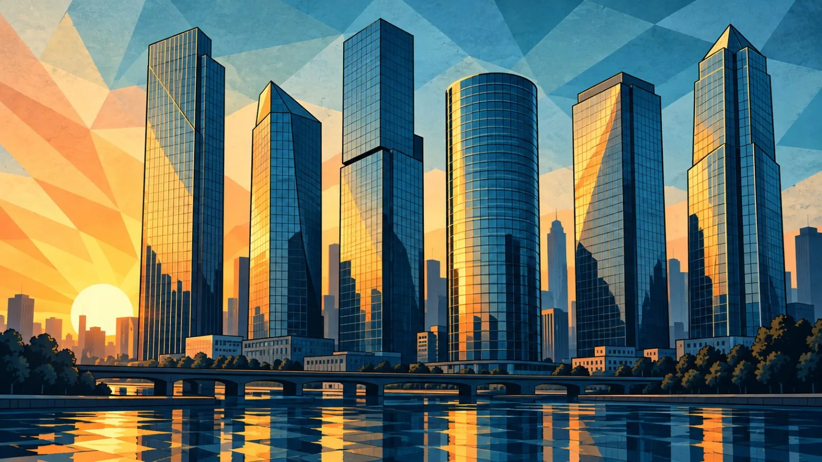 Six glass office towers reflect early morning financial district light / TokenPost.ai