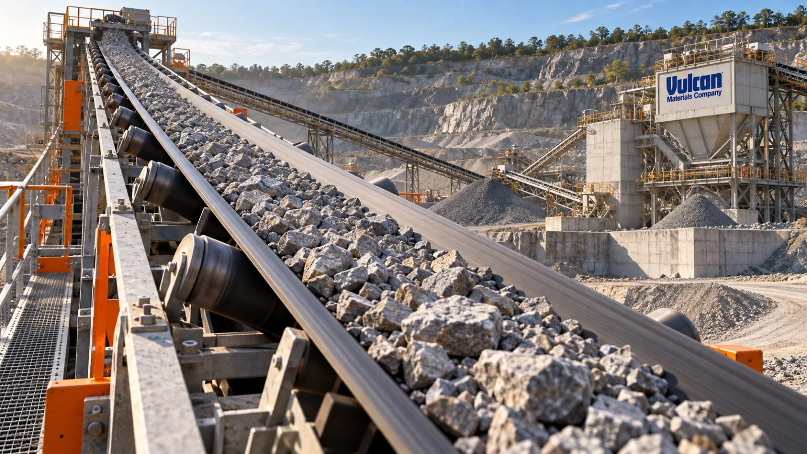 Crushed stone travels along a quarry conveyor in morning light / TokenPost.ai