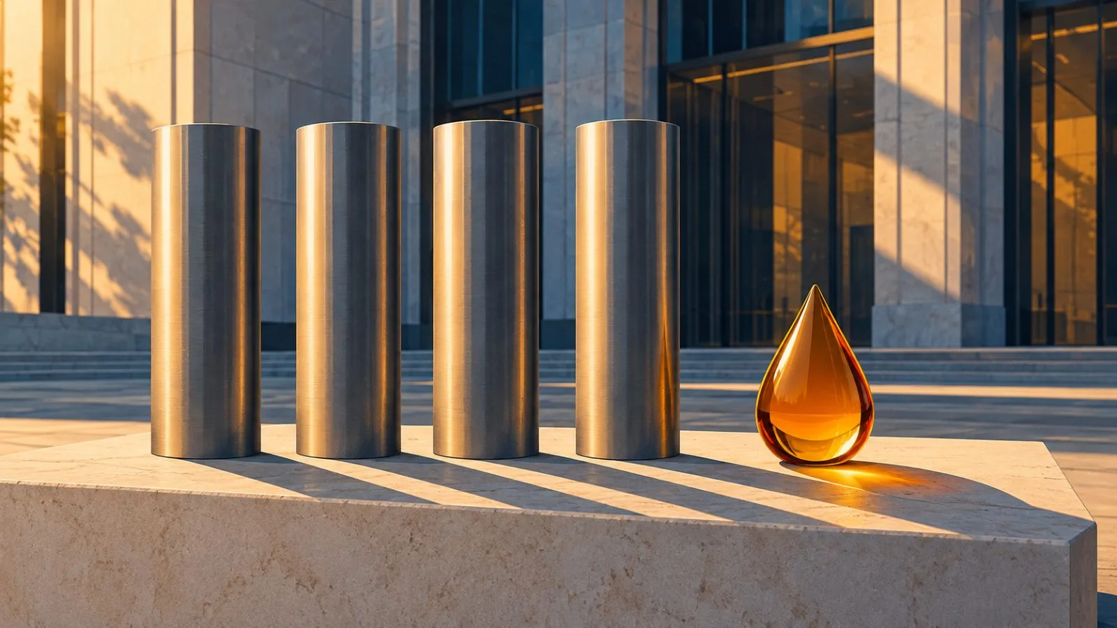 Four equal metal pillars flank a small amber glass droplet / TokenPost.ai