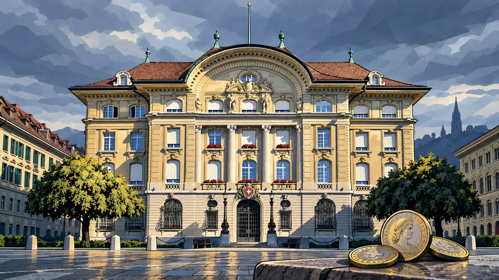 Swiss franc coins beside a quiet central bank entrance / TokenPost.ai