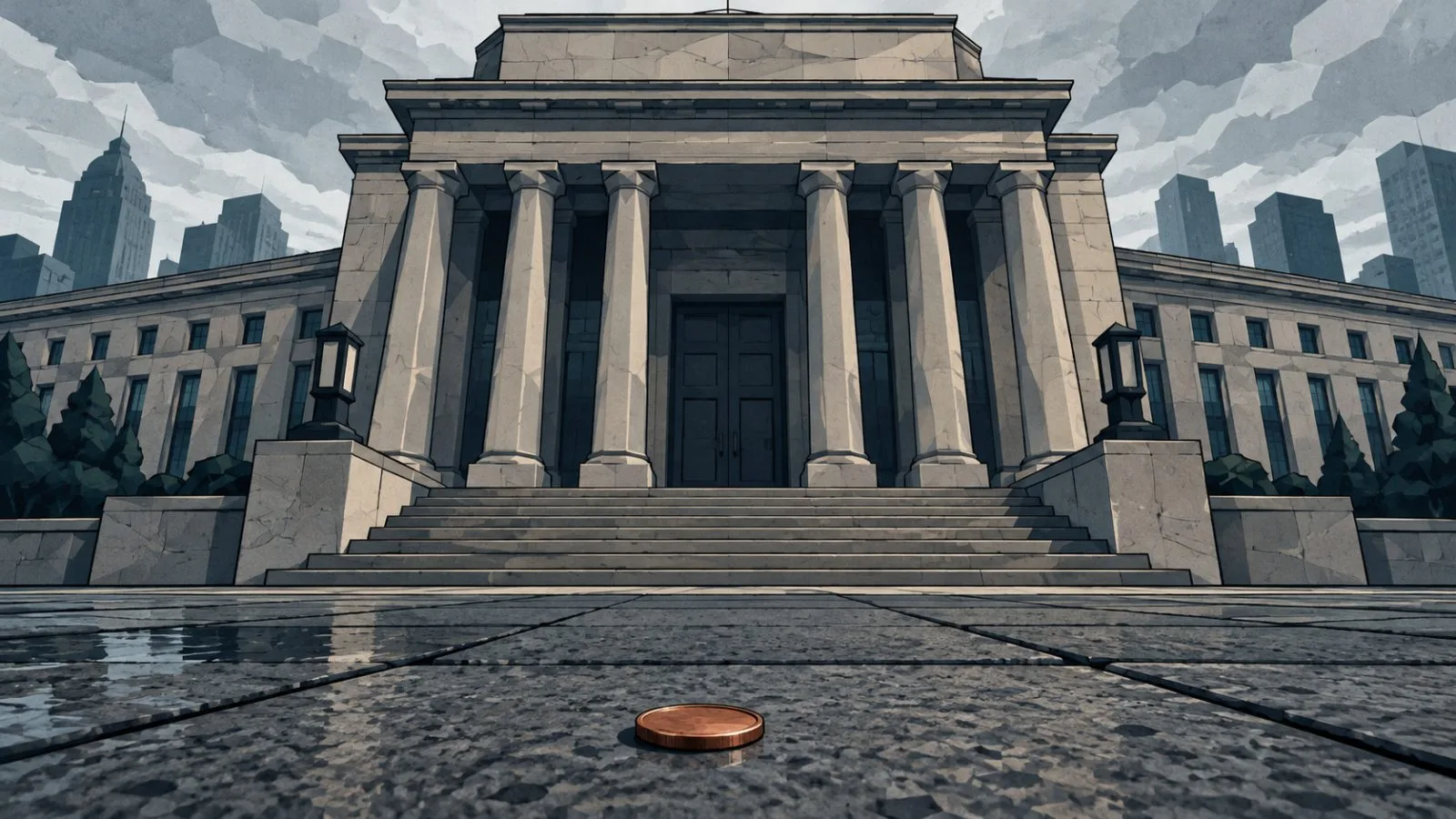 Quiet institutional corridor with a closed financial service counter / TokenPost.ai