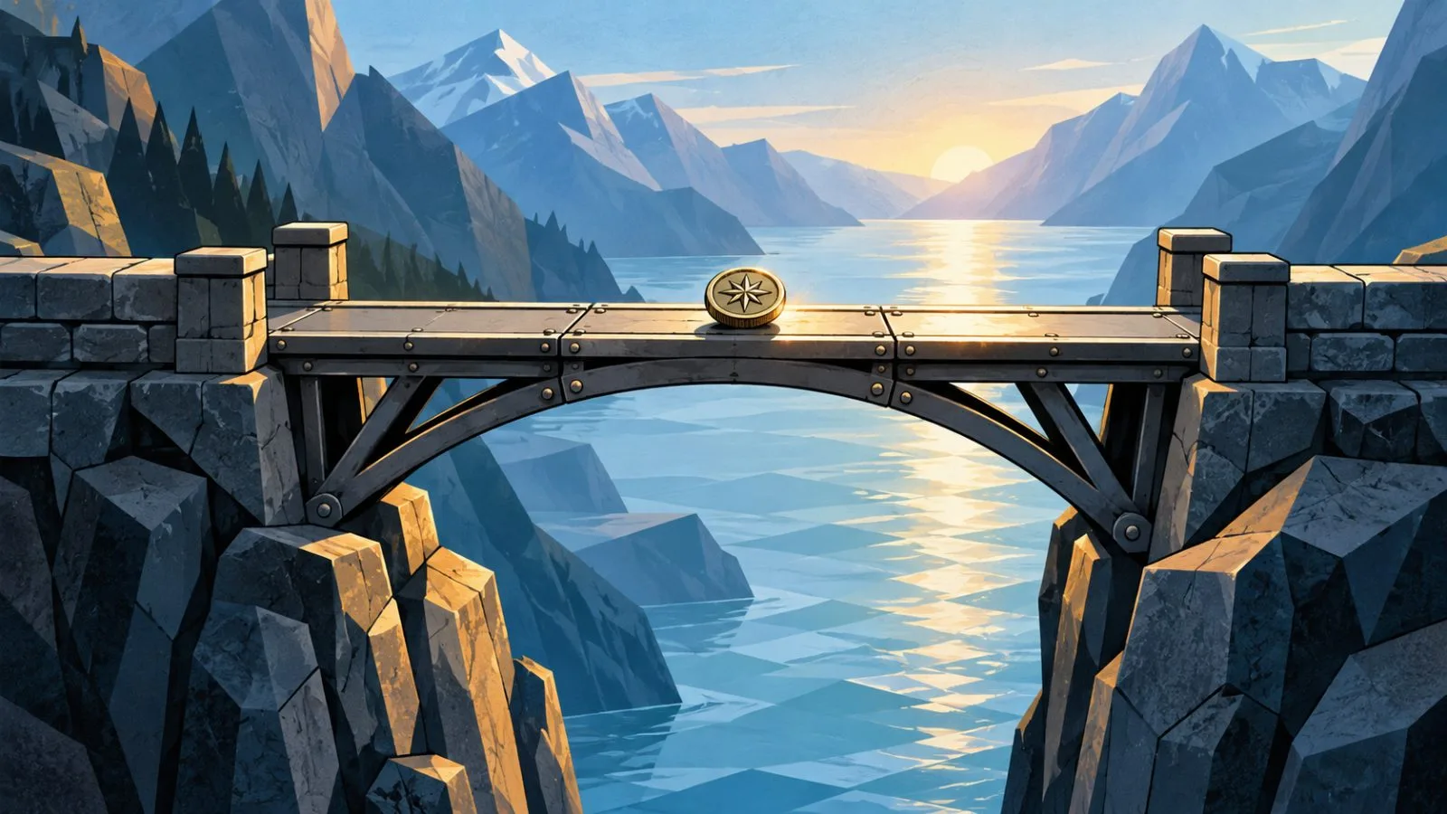 Metal token crossing two connected bridge sections / TokenPost.ai