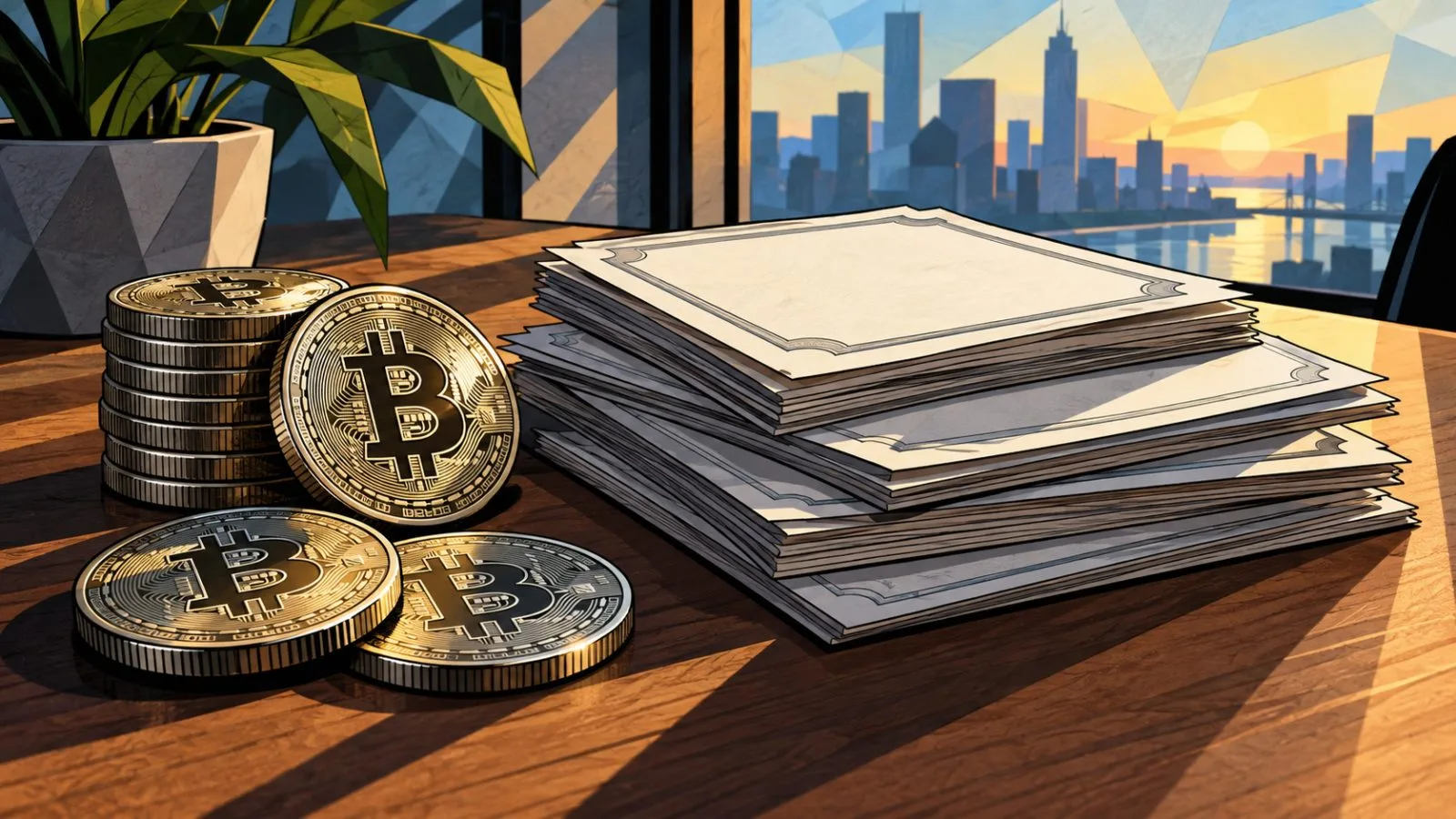 Silver Bitcoin tokens arranged beside a neat stack of blank certificates / TokenPost.ai