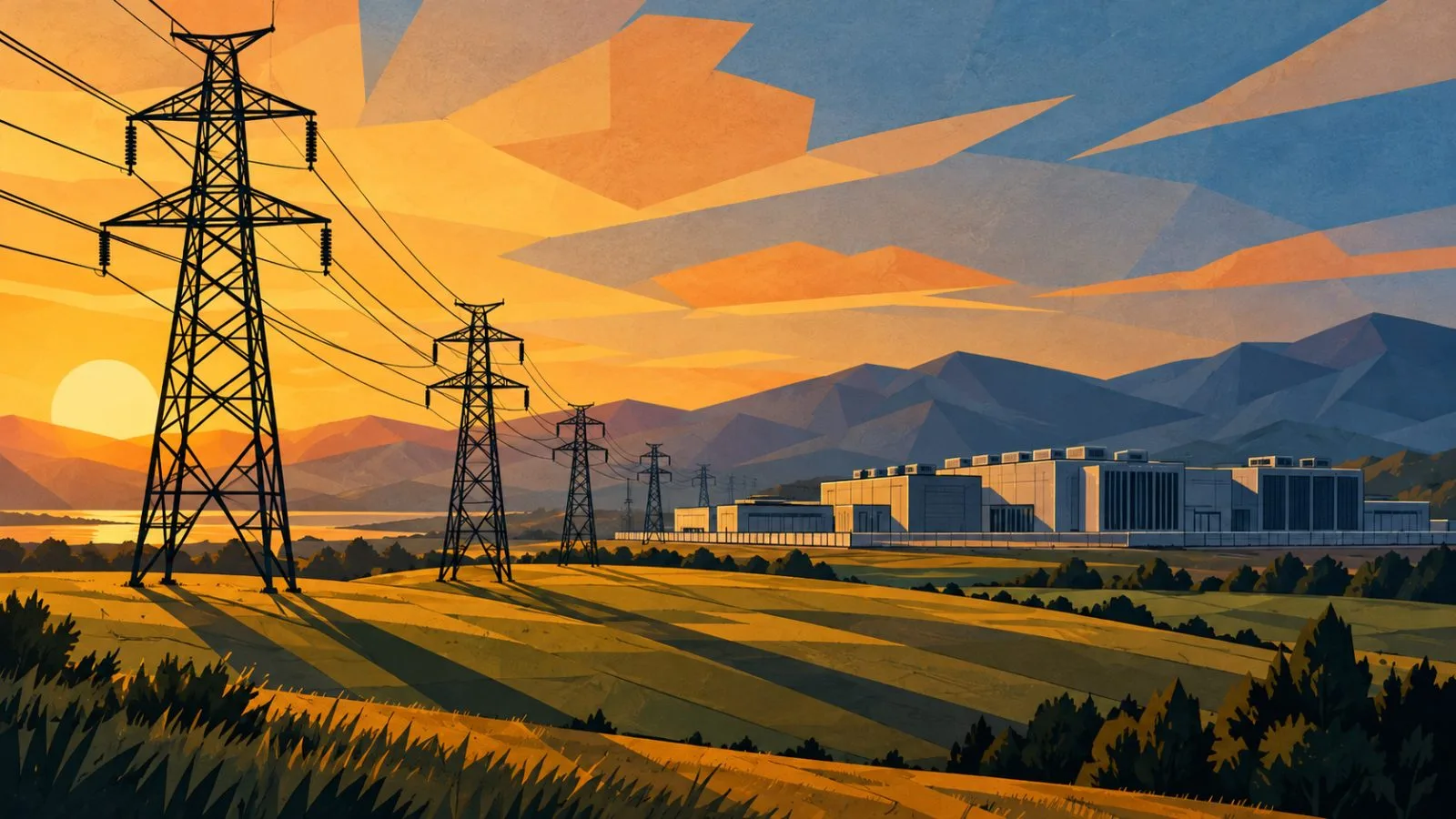 Transmission towers stretch toward a distant data center / TokenPost.ai