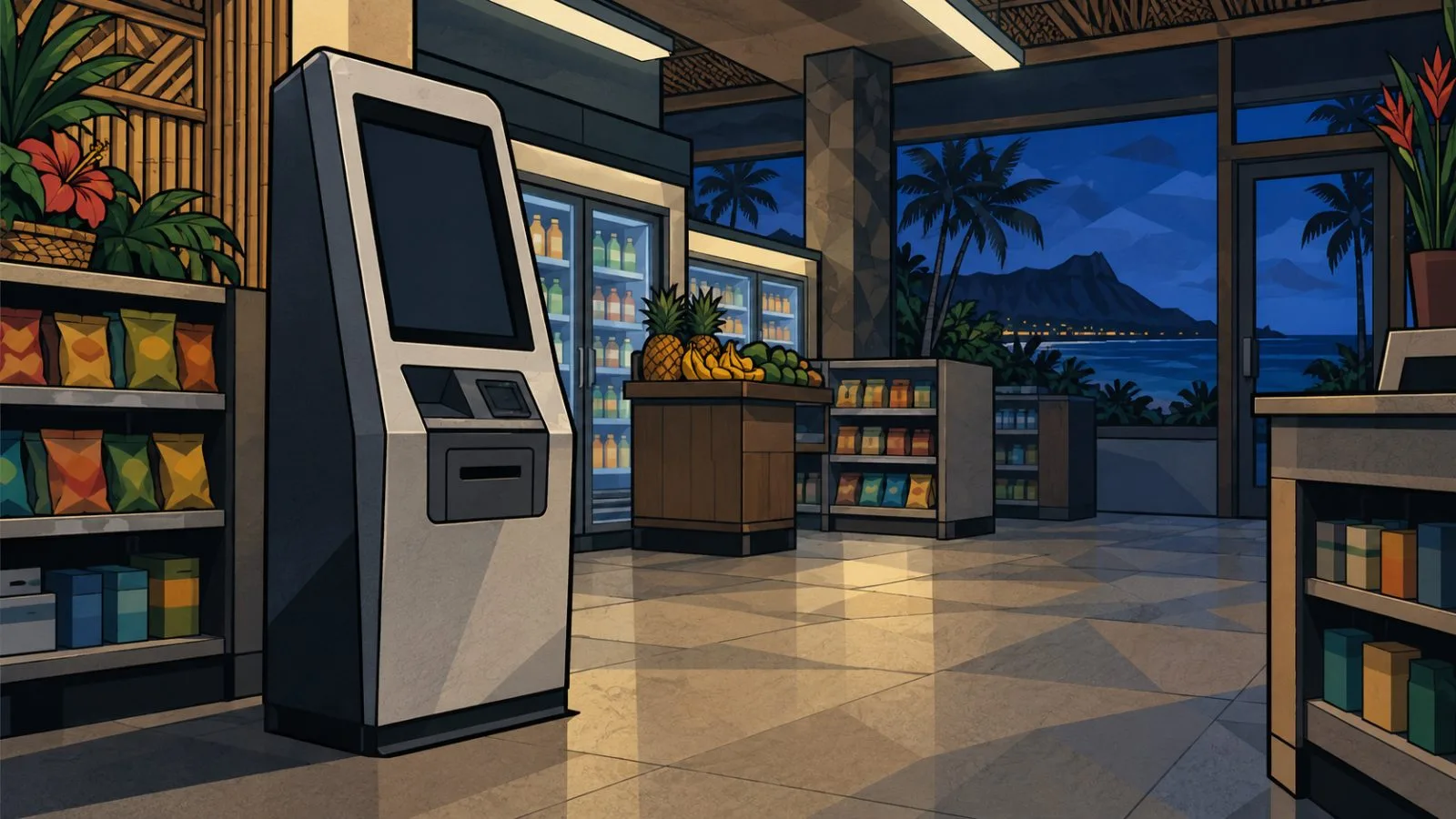A digital-asset kiosk stands quietly beneath overhead fluorescent lights / TokenPost.ai