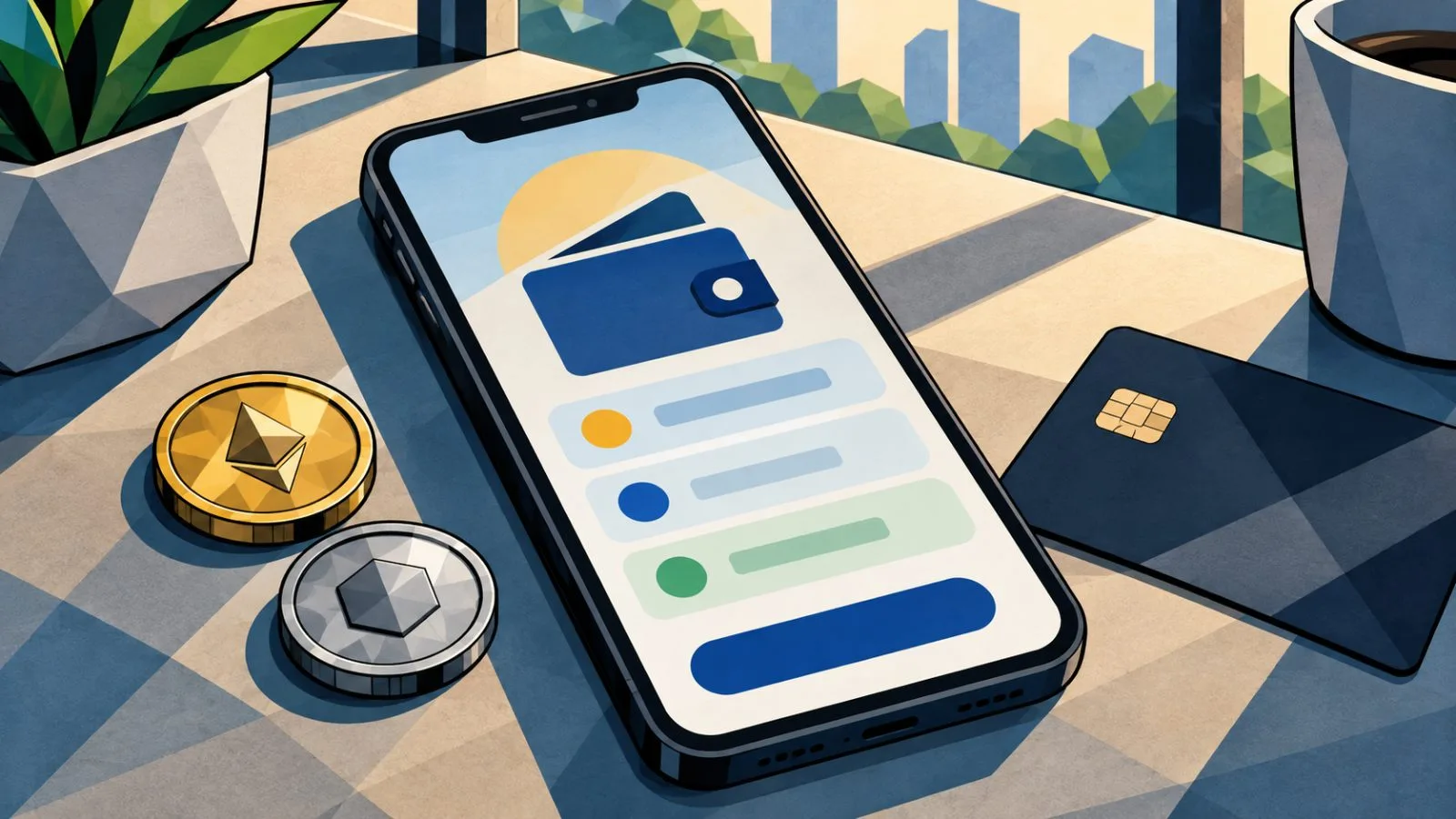 Smartphone wallet beside metallic tokens and a payment card / TokenPost.ai