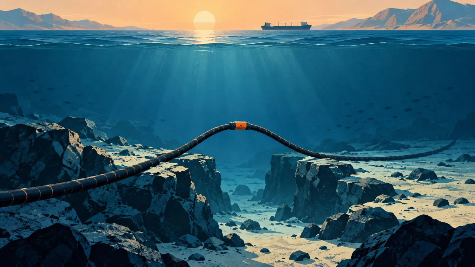 A submarine cable crosses the rocky seabed beneath the strait / TokenPost.ai