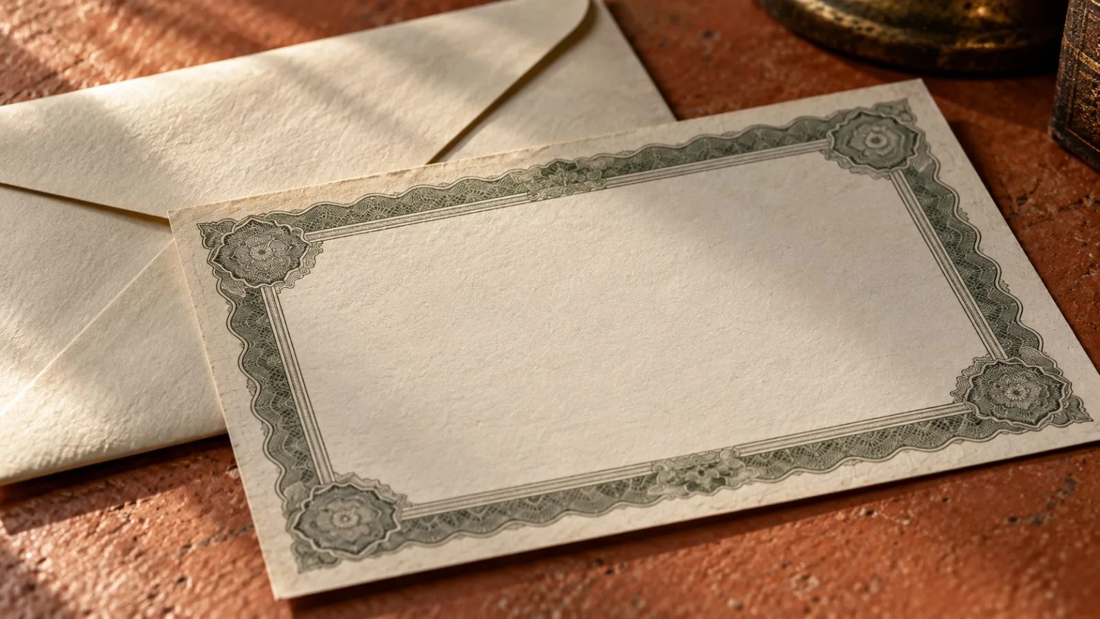 A blank share certificate rests beside a sealed cream envelope / TokenPost.ai