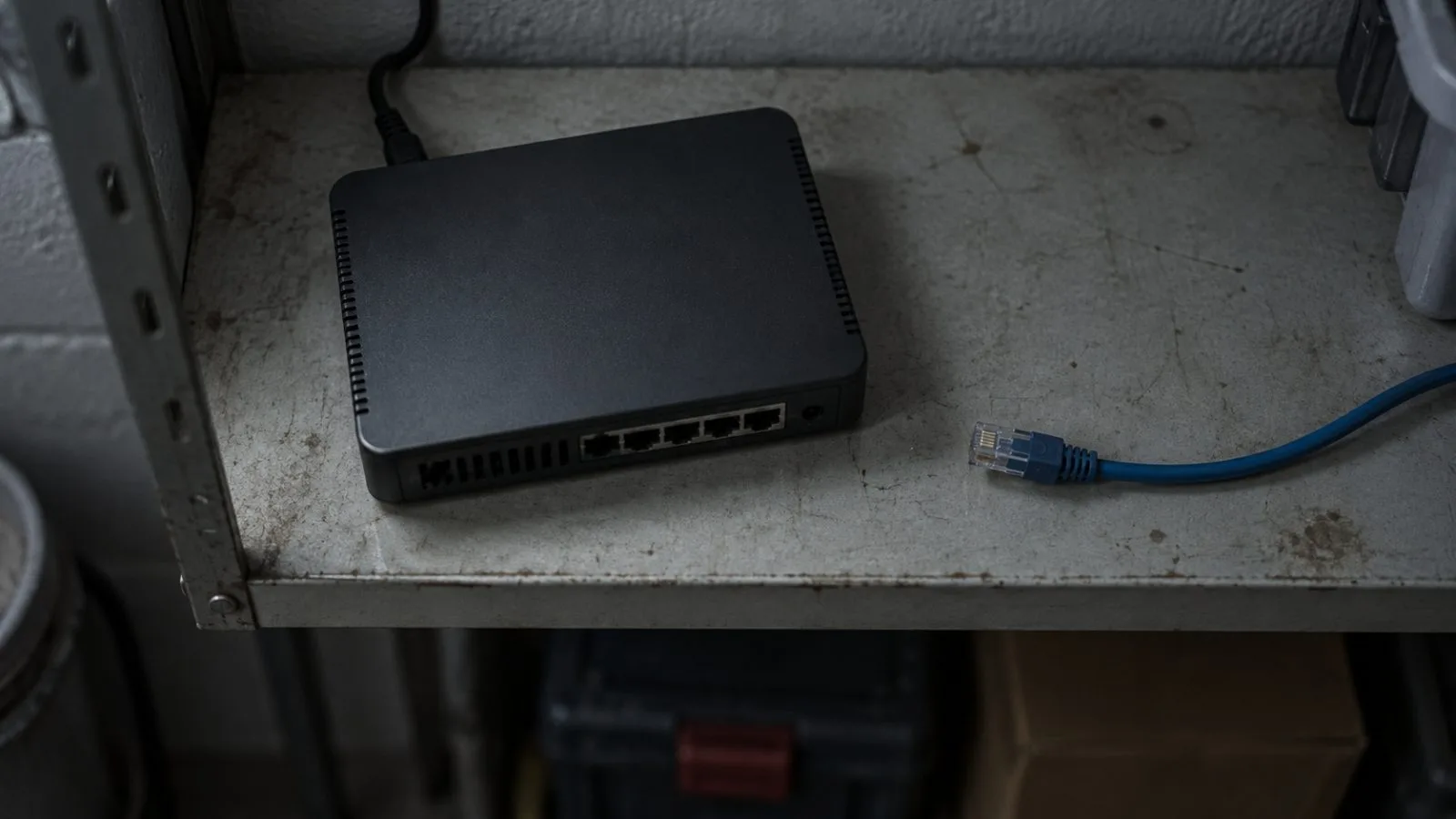 A disconnected network appliance rests on a bare utility-room shelf / TokenPost.ai
