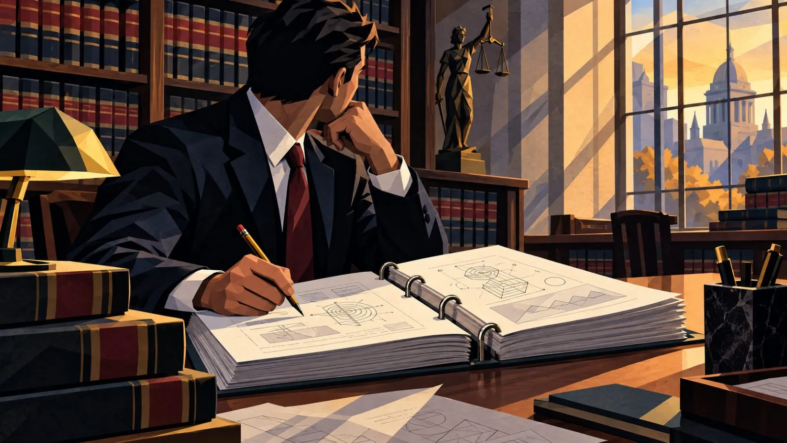 Anonymous lawyer marking pages in a patent binder / TokenPost.ai