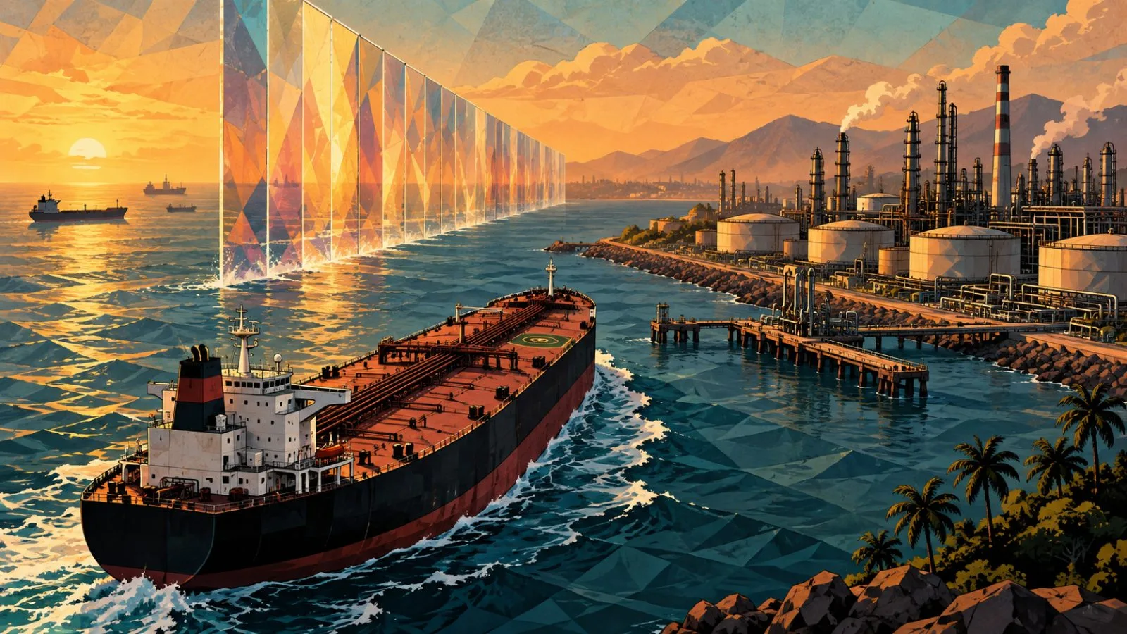Crude tanker approaching an Indian refinery under hazy afternoon light / TokenPost.ai