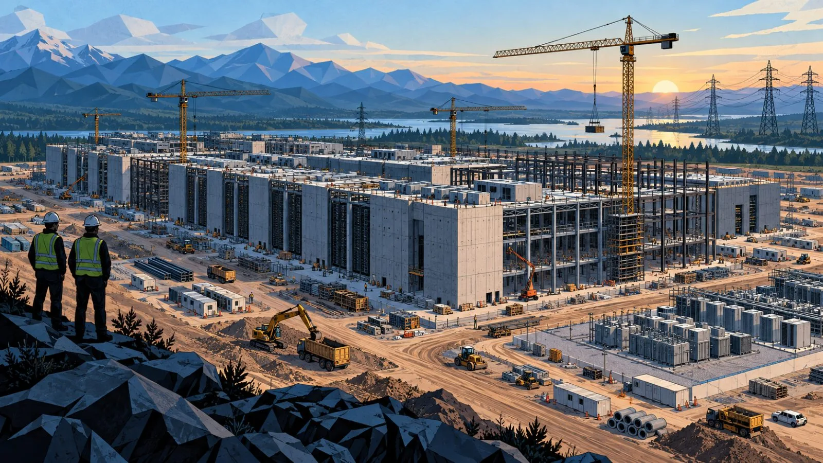 Data-center construction cranes rise beside high-voltage transmission lines / TokenPost.ai