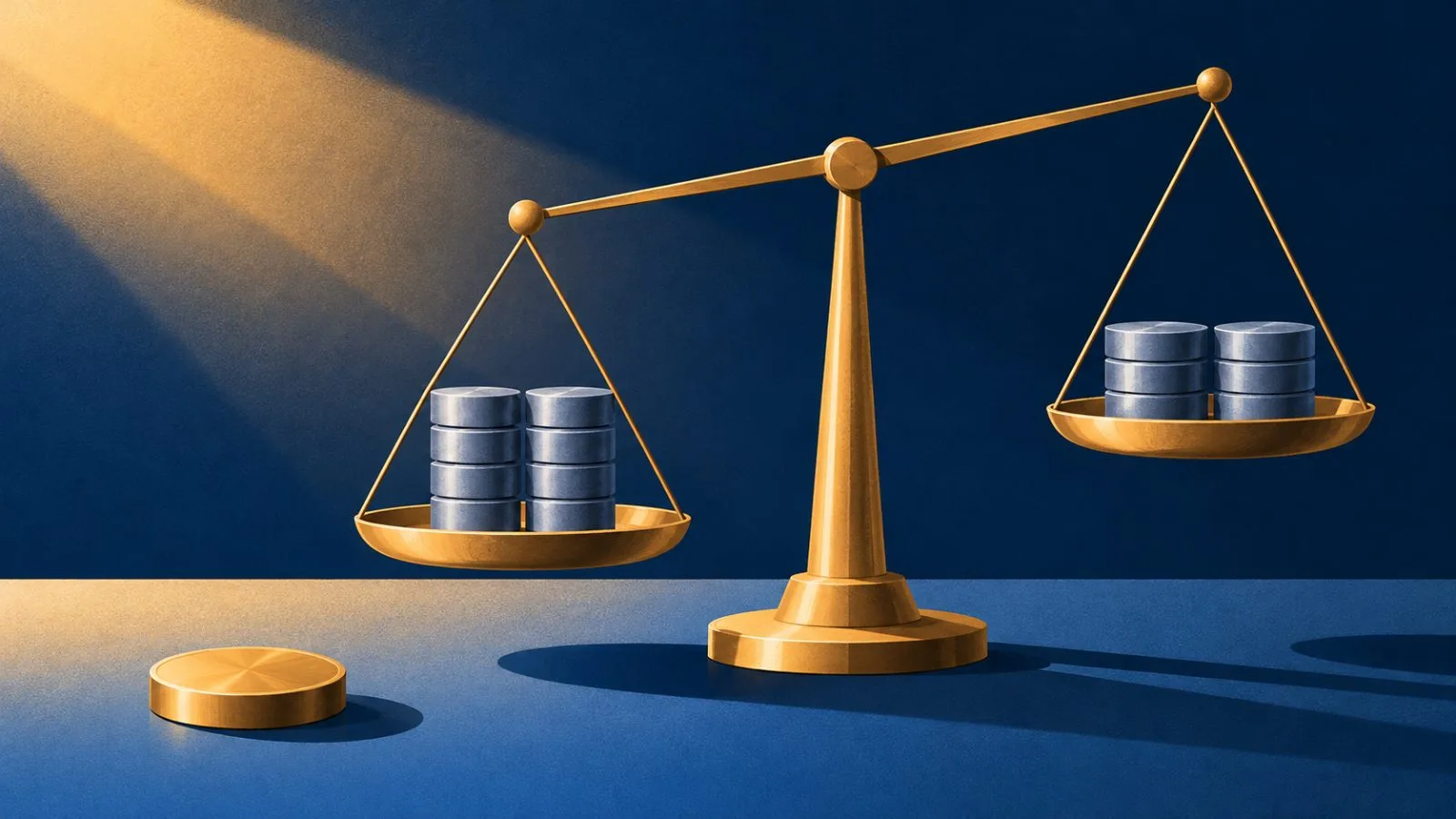 Six steel discs and four on a balance beside a brass token / TokenPost.ai