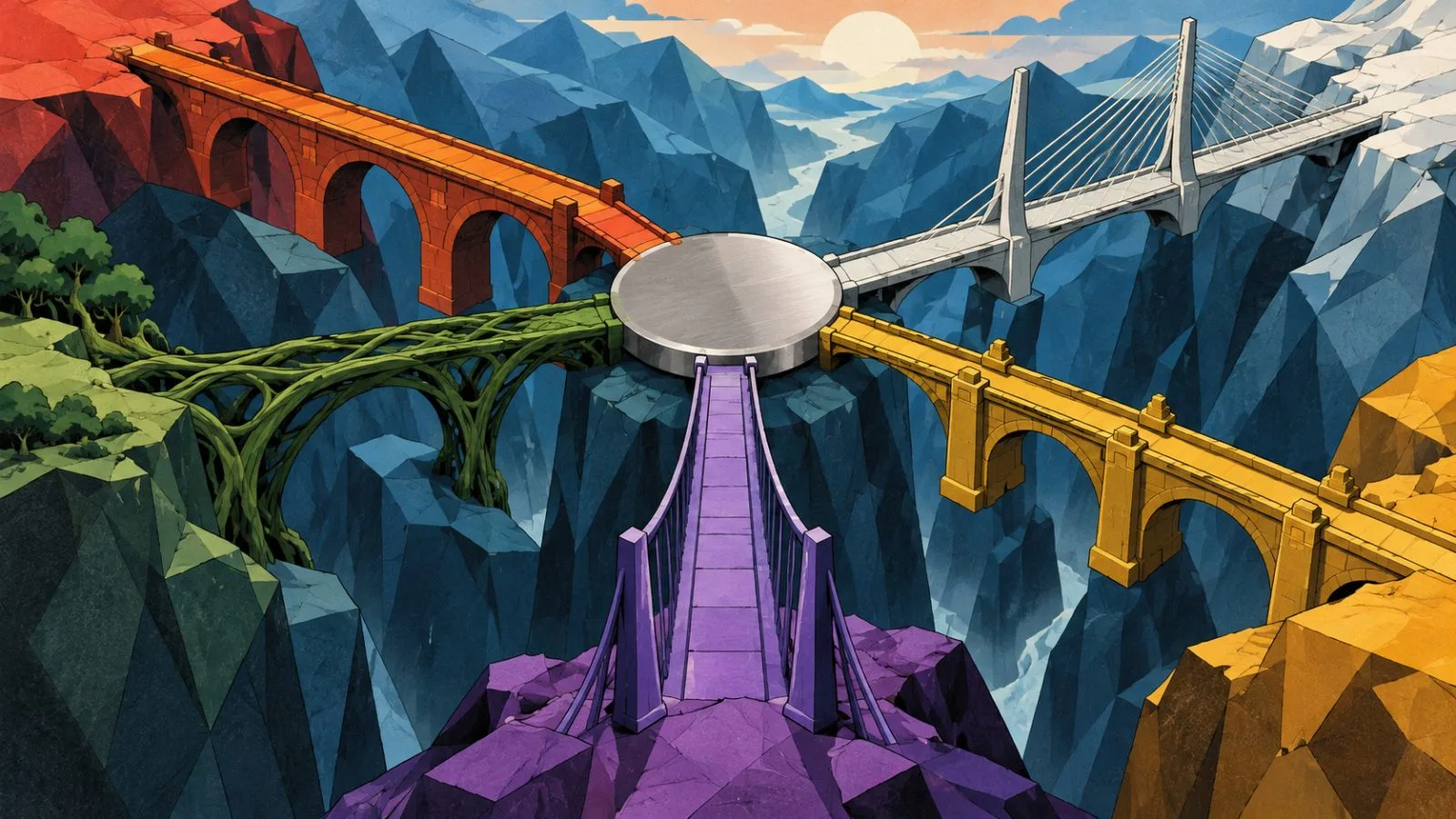 Five bridges converge around a single metallic token / TokenPost.ai
