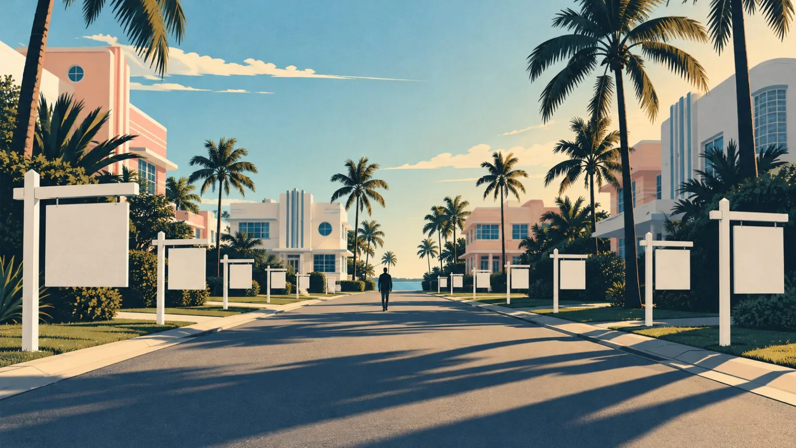 Blank sign frames line the lawns along a quiet Miami street / TokenPost.ai