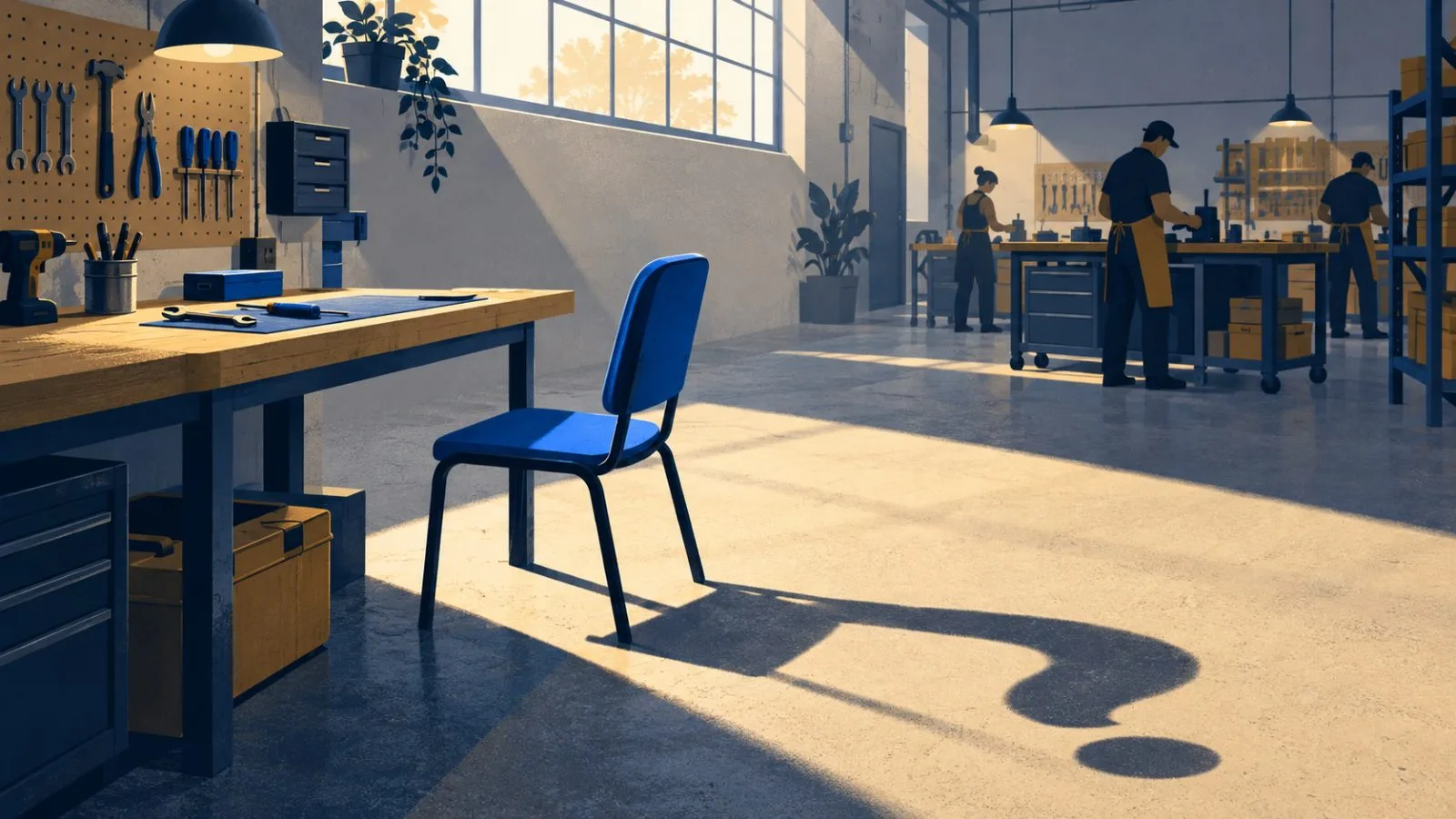 An empty chair waits beside compact workshop workstations at dawn / TokenPost.ai
