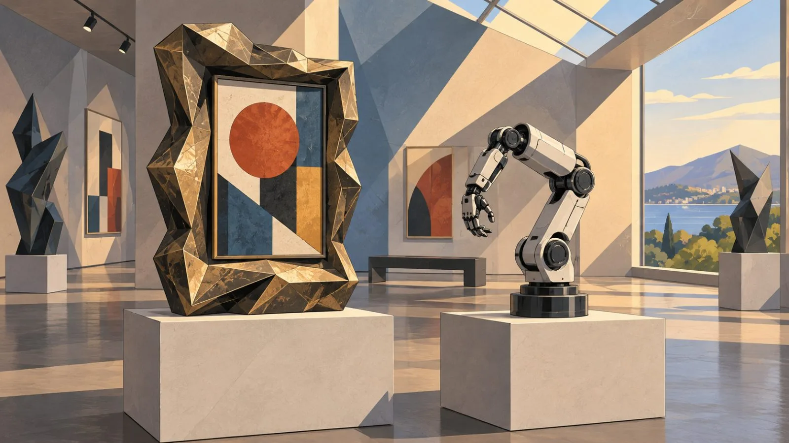 Sculptural digital artwork beside a compact robotics arm / TokenPost.ai