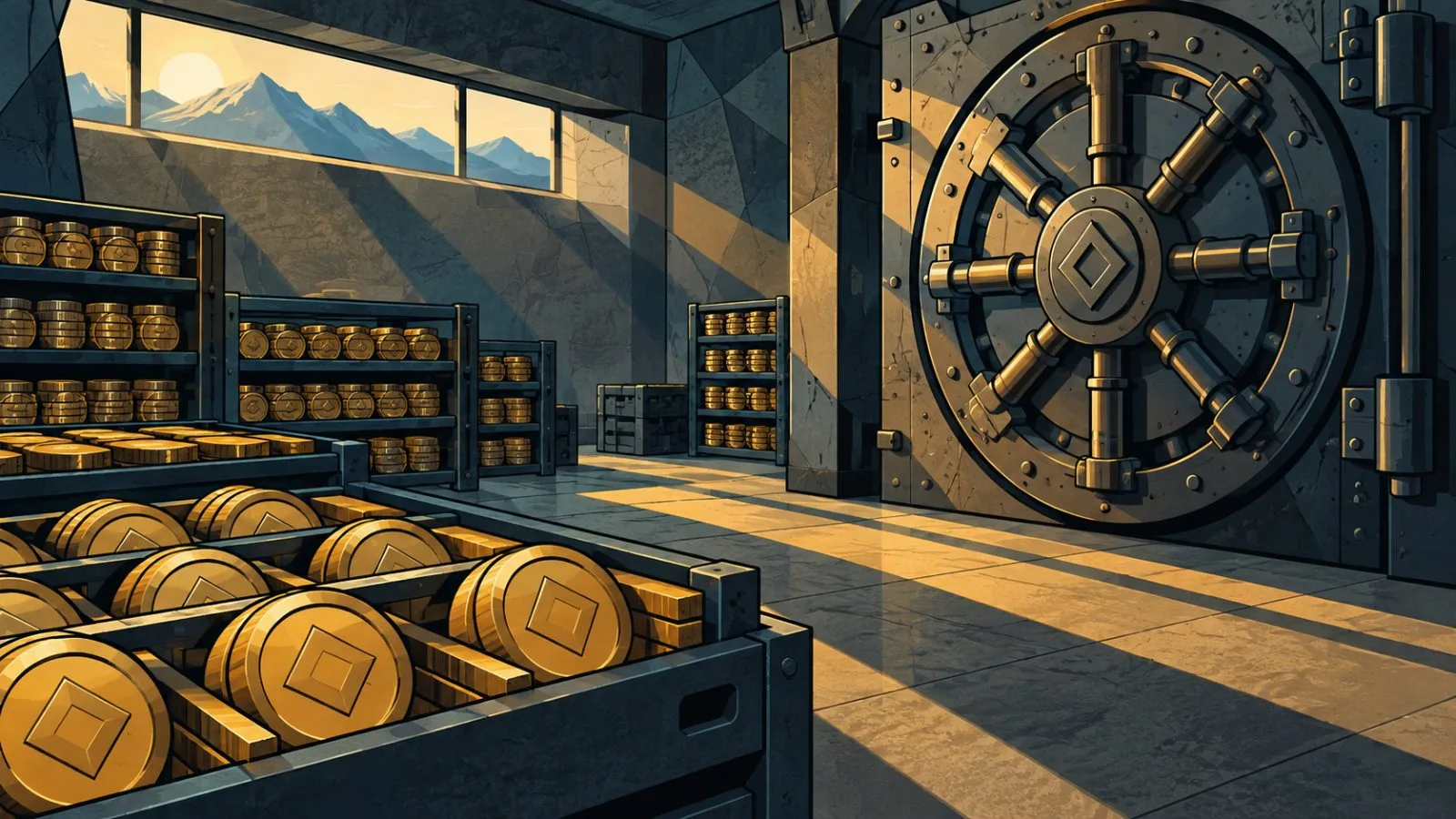 Gold-toned cryptocurrency tokens arranged inside a secure steel vault / TokenPost.ai