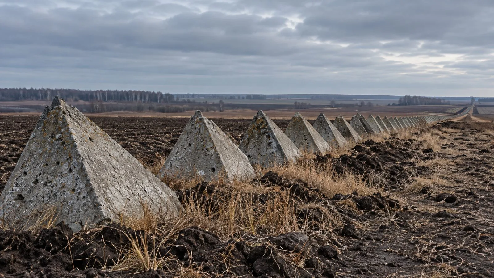 Concrete barriers cut across a quiet field beneath the morning sky / TokenPost.ai