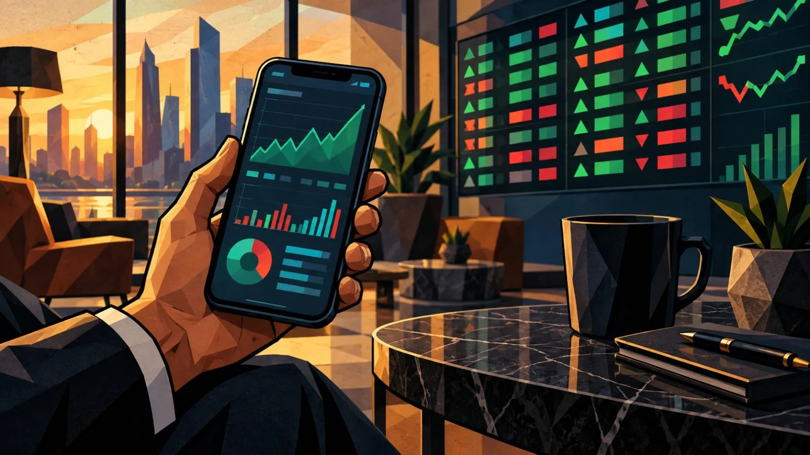 A smartphone rests beside a market ticker board in window light / TokenPost.ai