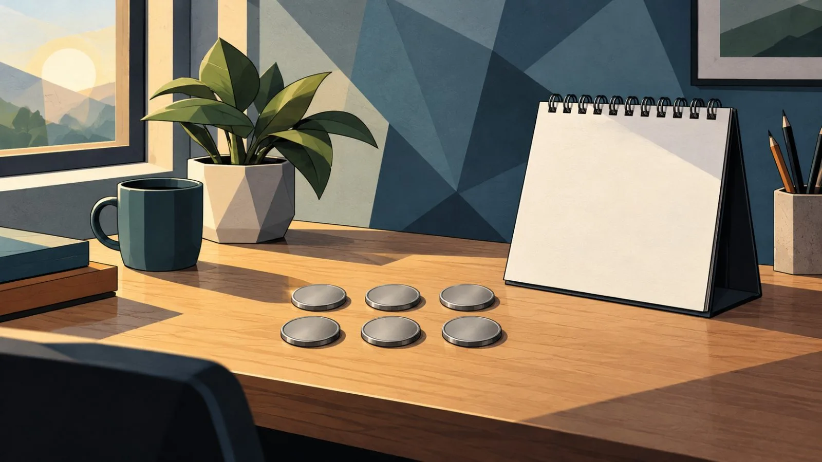 Six metal token discs arranged beside a blank wall calendar / TokenPost.ai