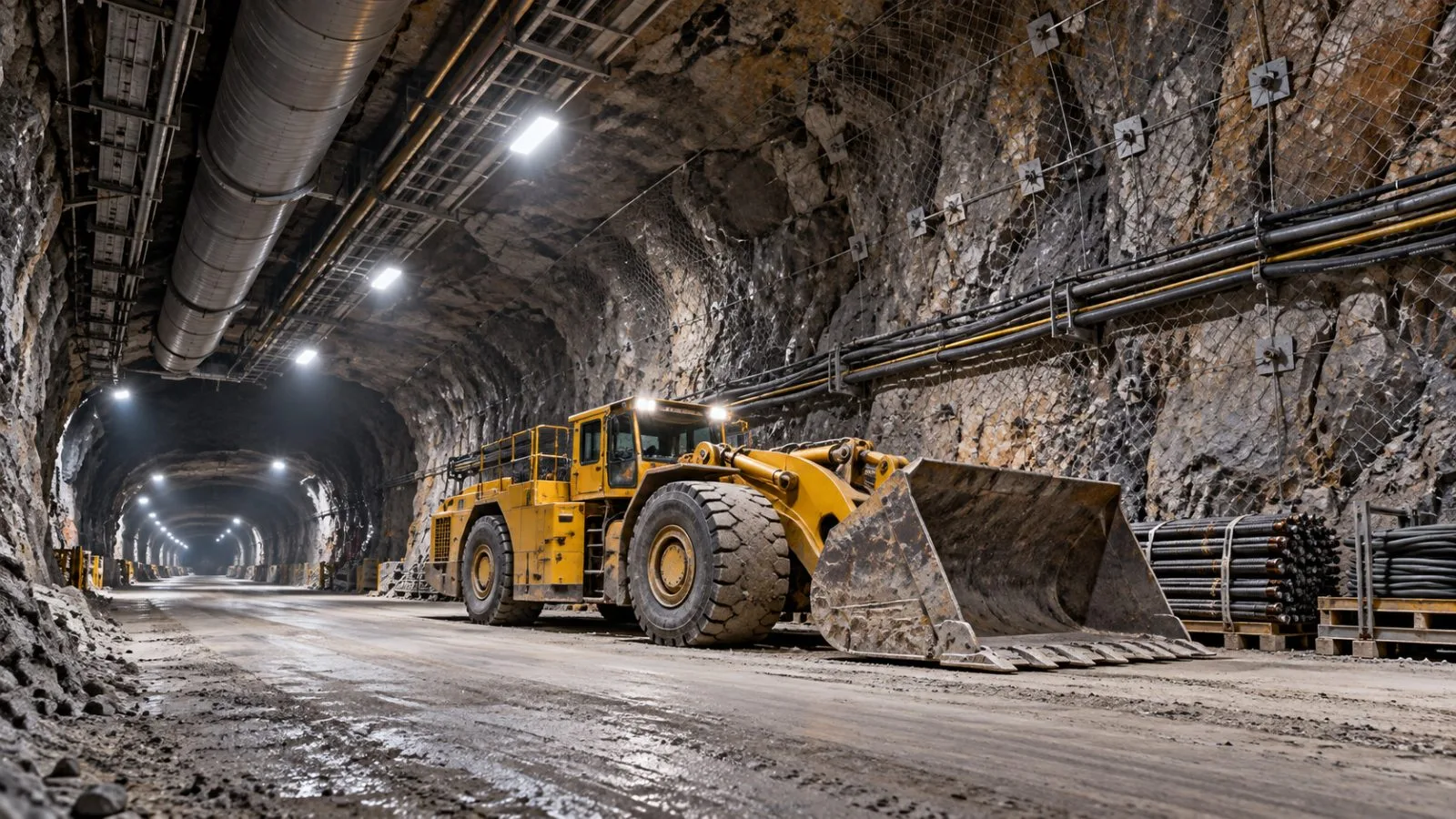A parked loader sits beneath reinforced rock in an underground tunnel / TokenPost.ai
