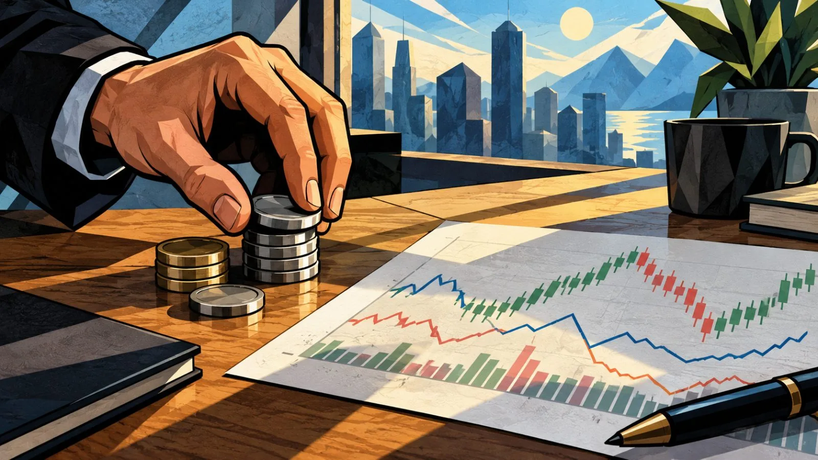 Metal tokens rest beside a chart under midday window light / TokenPost.ai