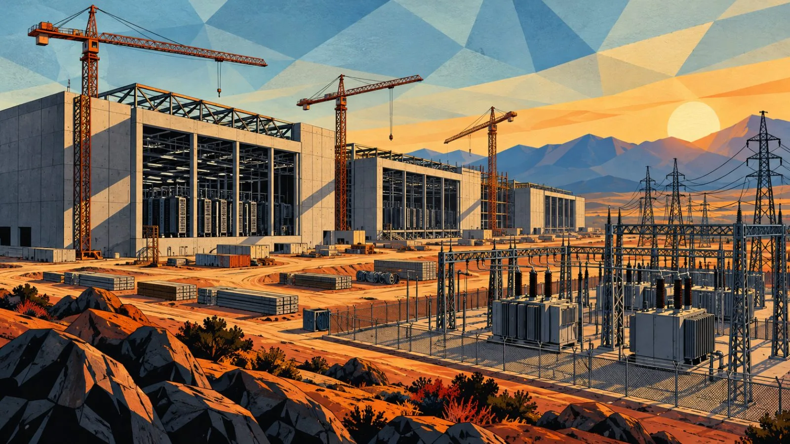 Concrete data-center shells stand beside power infrastructure and construction cranes / TokenPost.ai