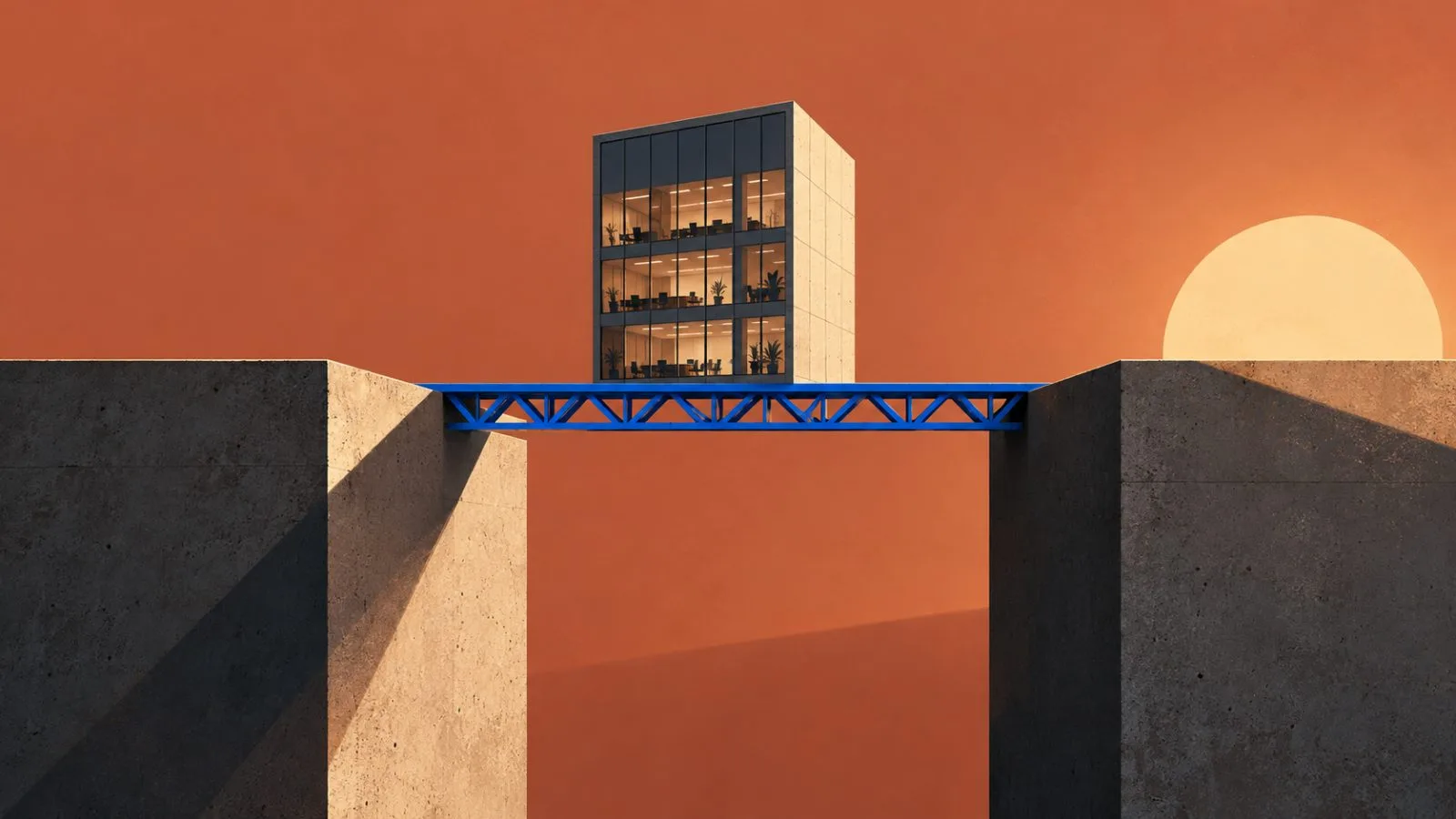 A model office tower rests across concrete supports and a steel span. / TokenPost.ai