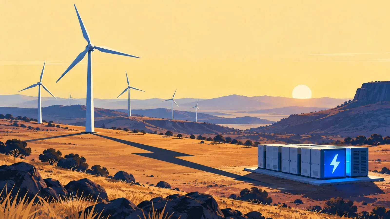 Wind turbines rise beside a compact battery storage unit / TokenPost.ai