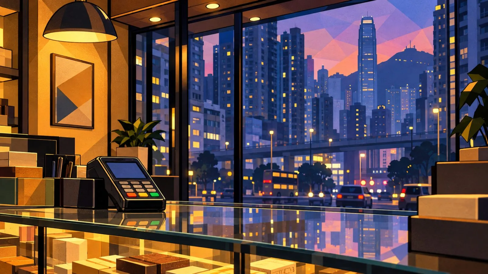Hong Kong financial district buildings glowing in evening light / TokenPost.ai