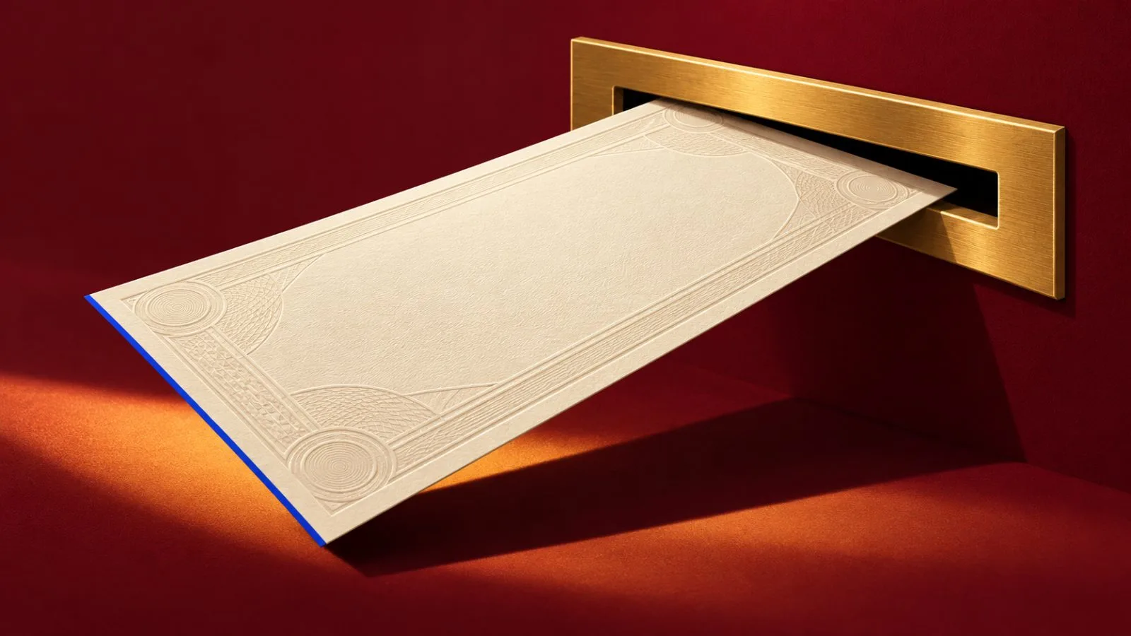 A blank certificate slides into a brass slot under warm light / TokenPost.ai