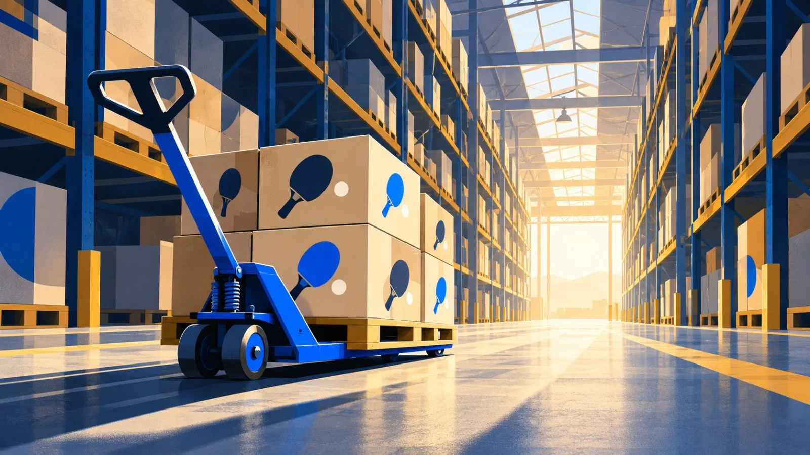 A pallet jack carries boxed table tennis equipment through a warehouse aisle / TokenPost.ai
