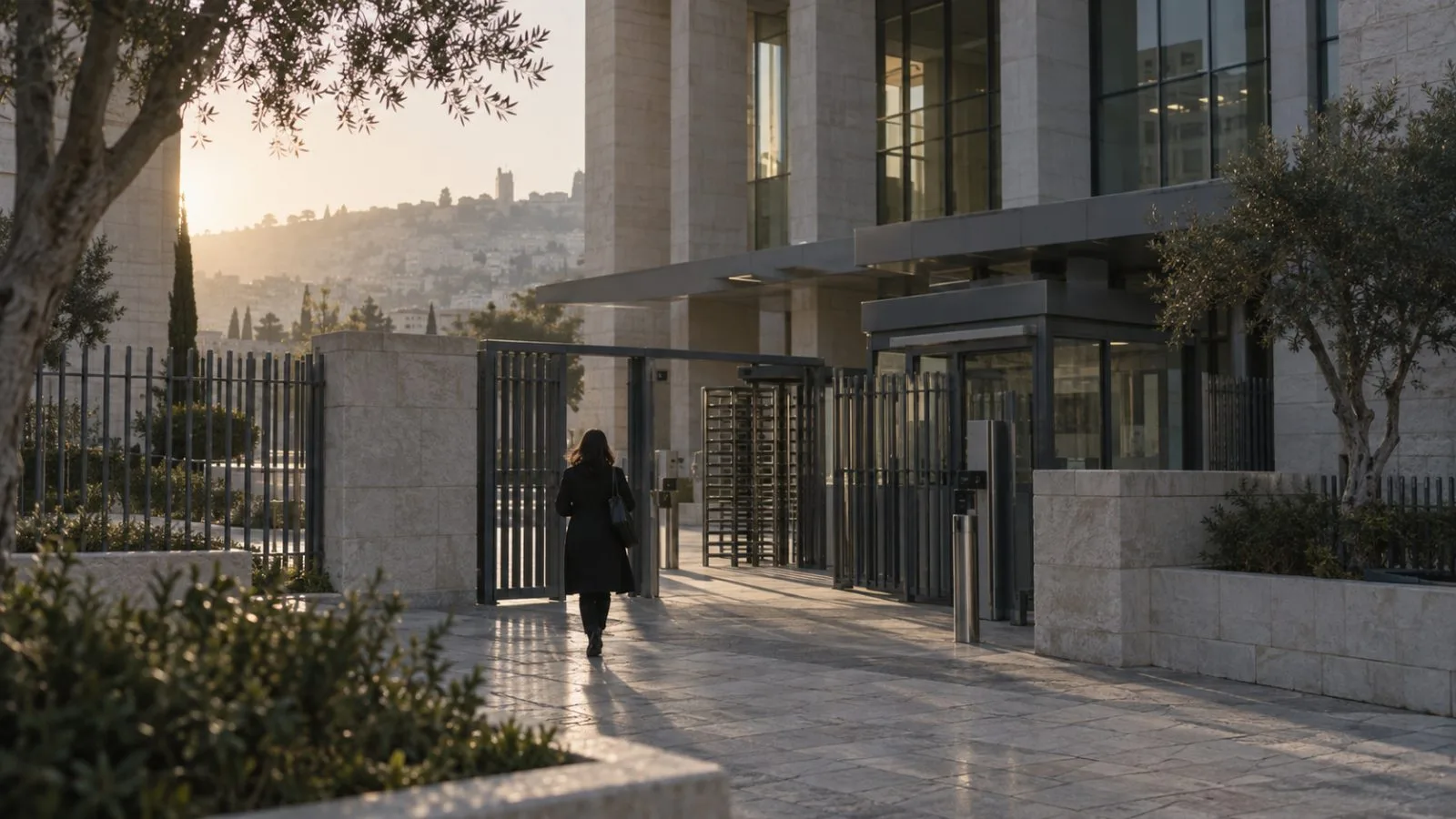 Quiet courthouse entrance behind a security gate at dawn / TokenPost.ai