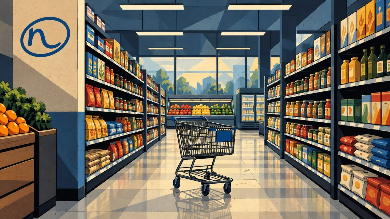 An empty grocery aisle with a single unattended shopping cart / TokenPost.ai