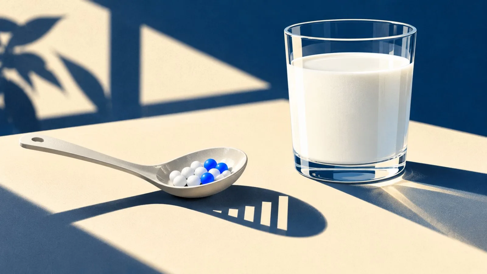 Small oral pellets in a ceramic spoon beside a glass of milk / TokenPost.ai