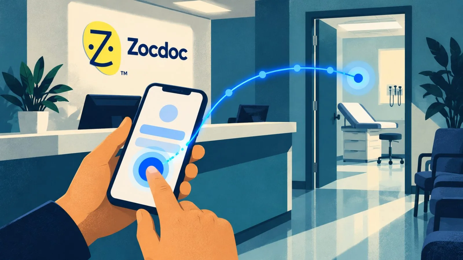A hand confirms a clinic appointment on a phone beside an empty waiting room / TokenPost.ai